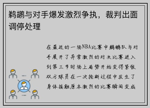 鹈鹕与对手爆发激烈争执，裁判出面调停处理